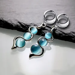 2pieces Stainless Steel Ear Piercing Cat's Eye Dangle Ear Tunnel and Plugs Body Piercing Ear Gauge Strether Stone Expansores