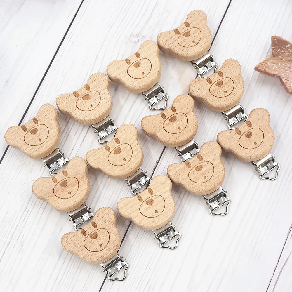 Chenkai 5PCS Wooden Bear Flower Car Heart Bird Elephant Round Star Clips BPA Free For DIY Baby Nature Pacifier Chain Gifts