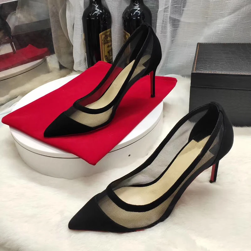 Customize Color Big Size 34-45 Suede Mesh Patchwork Pointy Toe Classical Women Pumps High Heels Shoes