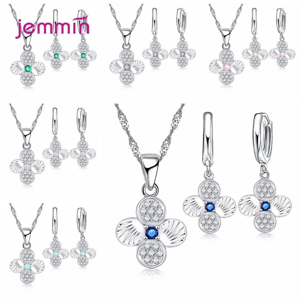 Luxury 925 Silver  CZ Crystal Flower Necklace Earrings Jewelry Set for Women Big Floral Pendant Wedding Anniversary Gift