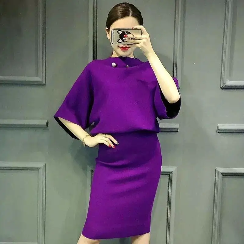 Traje de punto para mujer, conjunto de top y falda, ropa de punto femenina, color morado y negro, 2 piezas