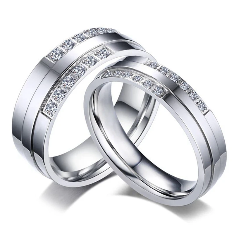 Fashion Titanium Steel Rings for Couple Men & Women Anniversary Zircon Crystal Stone Lovers' Wedding Ladies Support Engraving