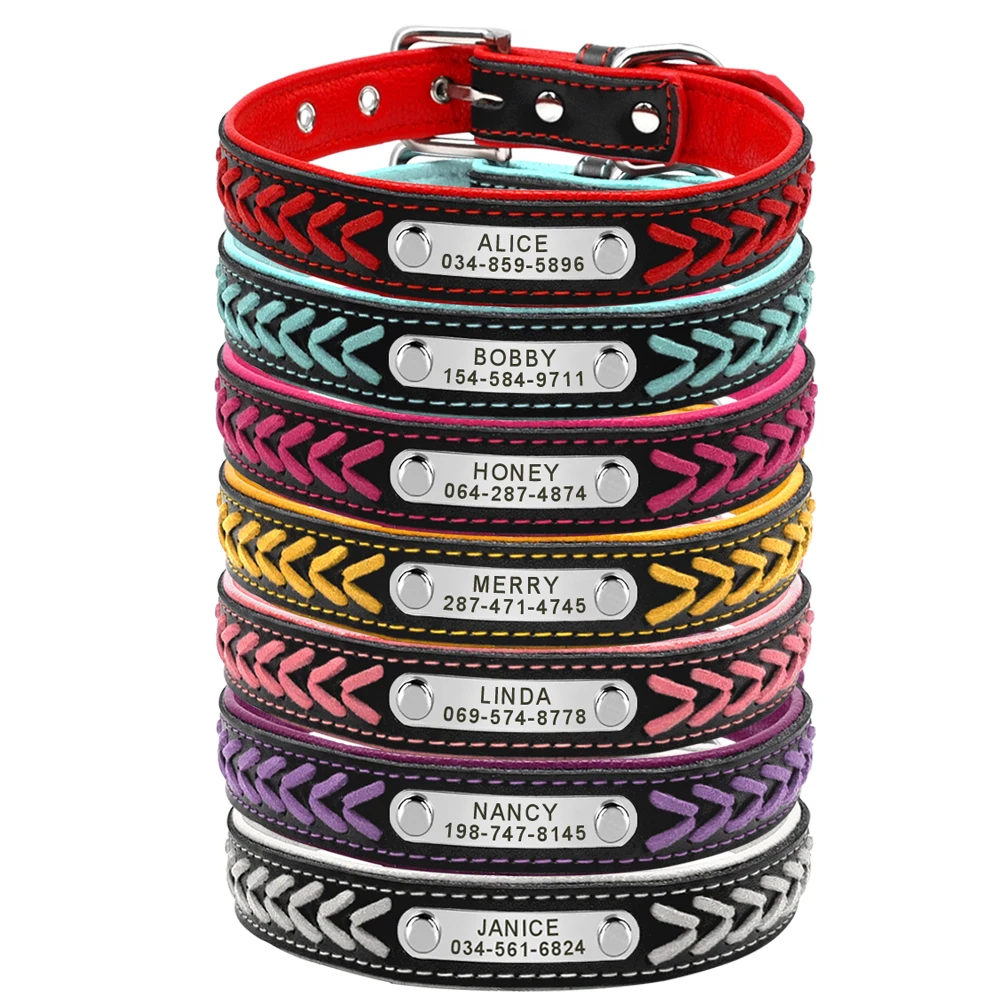 Gepersonaliseerde Halsband Leer Gevoerde Honden Gevlochten Halsbanden Gratis Gravure Pet Id Tag Naambord Voor Kleine Medium Grote Honden