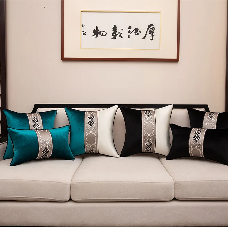 New Chinese Style Splicing Cushion Cover Waist Pillowcase Velvet Embroidery Grey Lake Blue Living Room Sofa Bed Decoration