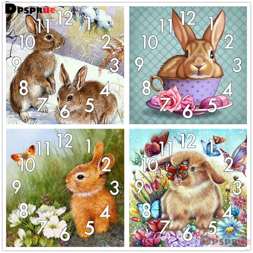 Full Diamond Painting Cross Stitch kit Animal Rabbit With Clock Mechanism Mosaic 5D Diy Square Round 3d Embroidery Gift HD101