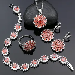 925 Silver Jewelry Sets For Women Wedding Accessories Red Cubic Zirconia Earrings Pendant Necklace Ring Bracelet Jewelry Kit