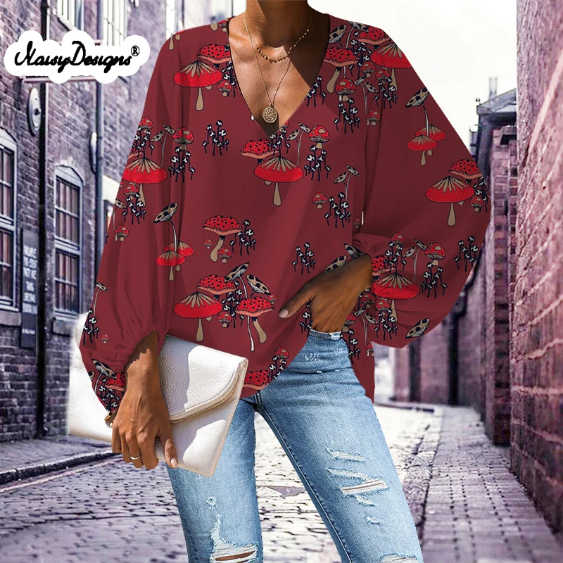 

Noisydesigns Red Mushroom Pattern 4XL Vintage Chiffon Womens Tops New Summer Sleeve Collar Shirts Fashion Dropshipping