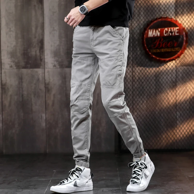 

Men Fashions Solid Color Casual Pants Male Cotton Slim Fit Cargo Pants Korean Streetwear Sport Pencil Trousers