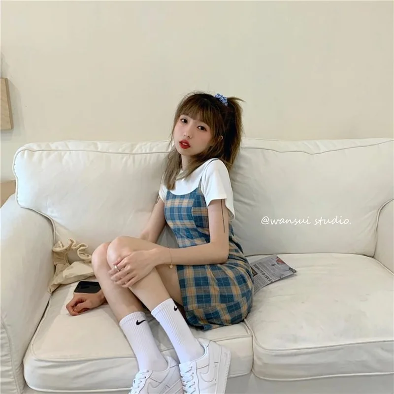 90s Sweet Plaid Dress Summer za Women Simple Slim Spaghetti Strap Dresses 2023 Cottagecore Plus Size Braces Skirt Bottom Bodycon