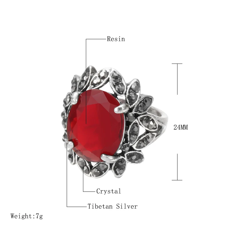 Wbmqda Fashion Red Stone Ring For Women Tibetan Silver Crystal Flowers Ethnic Wedding Bridal Jewelry Retro Rings