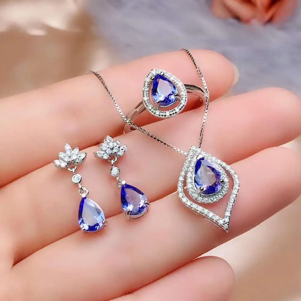 Real Natural Tanzanite jewelry set Natural Real Tanzanite 925 sterling silver 1pc pendant,1pc ring,2pcs Earring