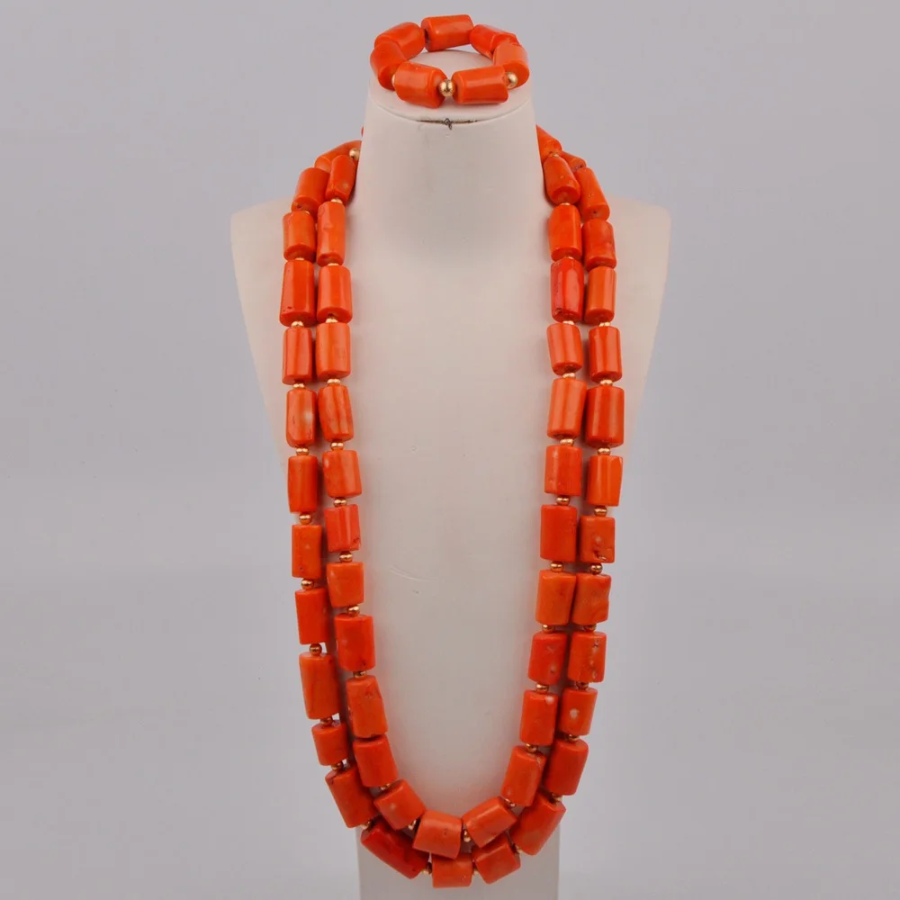 Orange African Wedding Coral Beads Nigerian Men Jewelry Set Costume Necklace Groom Jewellery Free Ship 2-A-02