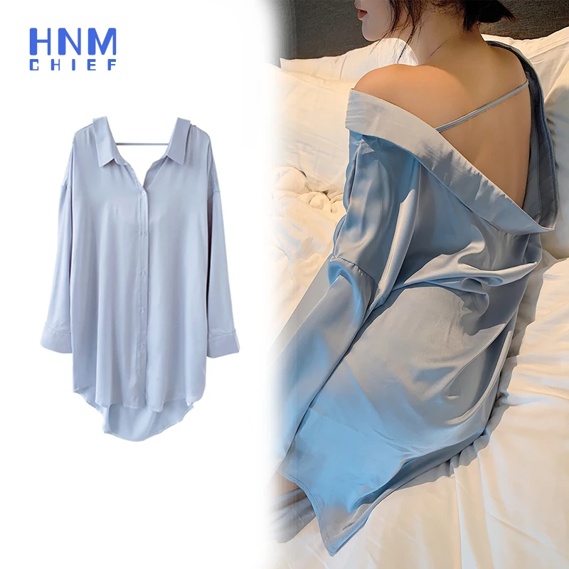 HNMCHIEF-Camisón azul con espalda descubierta para mujer, vestido de lencería con botones, Blusa de manga larga, bata de satén de seda, ropa de