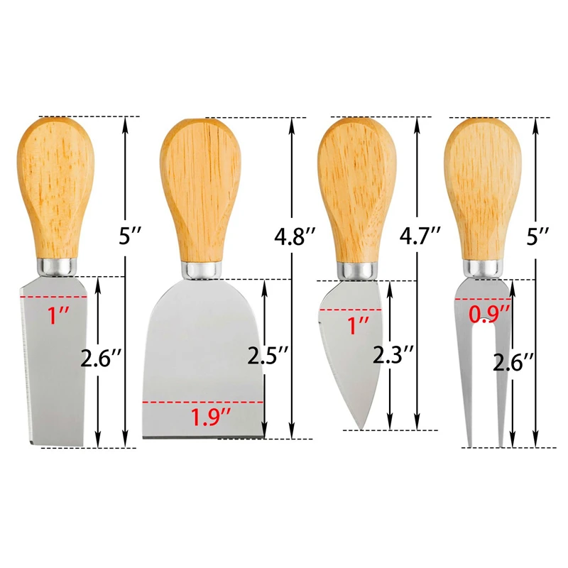4 Cheese Knives Set Cheese Cutlery Steel Stainless Cheese Slicer Cutter Wood Handle Mini Knife,Butter Knife,Spatula& ForK