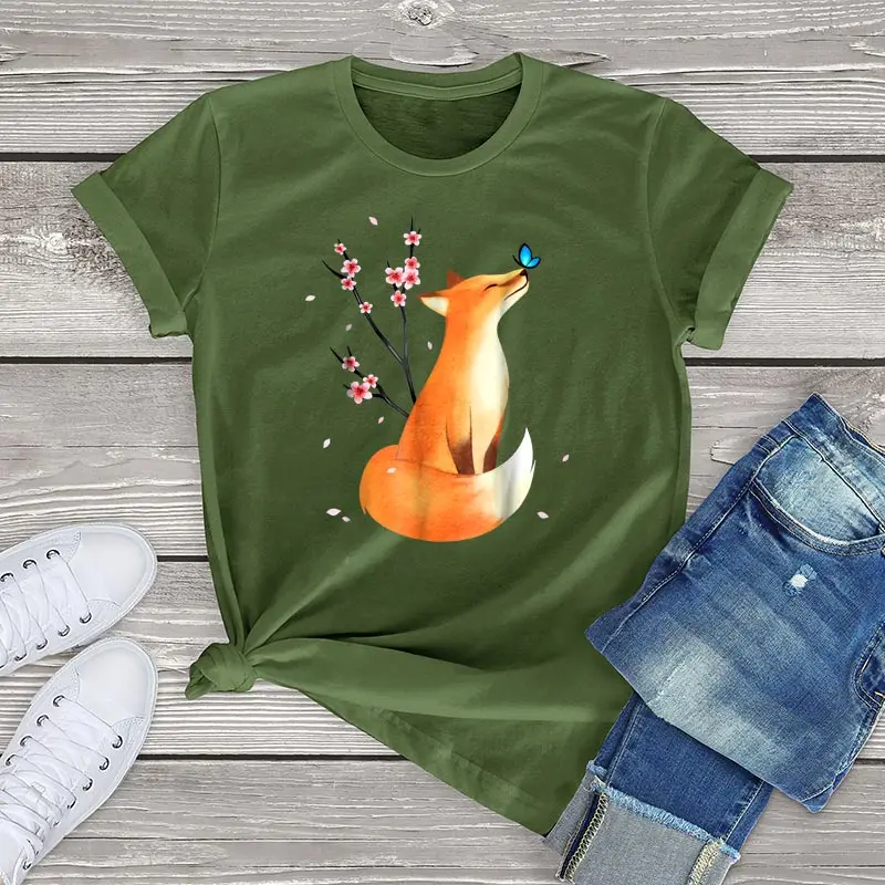 Camiseta de manga curta Kawaii Roupas Femininas Unissex Fox Camiseta Feminina Engraçada Japonesa Flor de Cerejeira Flor Gráfico Camiseta Feminina