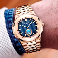 Square Men's Watches Blue Classic Designer PLADEN Brand Watch For Men Moon Phase Stainless Steel Luminous Business Wristatch