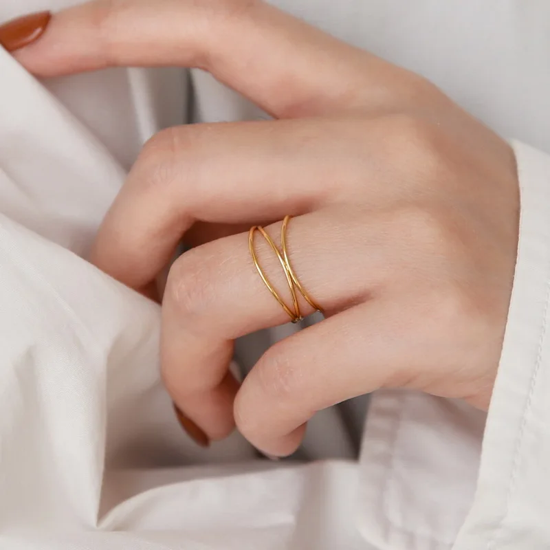 French Non fade 316 L Stainless Steel Hollow Out Multi-layer Geometric Line Woman Golden Colour Finger Ring