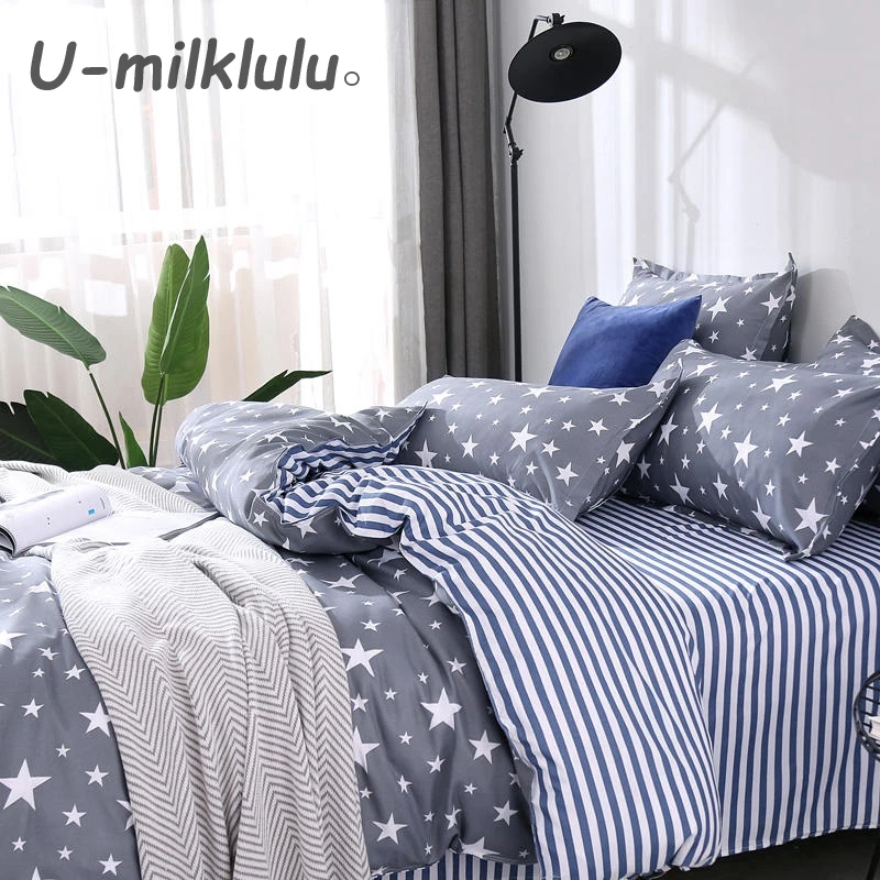 Star Printed Bedding Set, Nordic Sheet Set, Gray Black Duvet Cover Single, Double, Queen, King Size Elastic Bed, Pillowcases, 4P