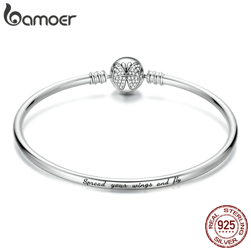 Bamoer nueva llegada auténtica Plata de Ley 925 deslumbrante mariposa básico Simple brazalete pulsera para mujer regalo de joyería de plata