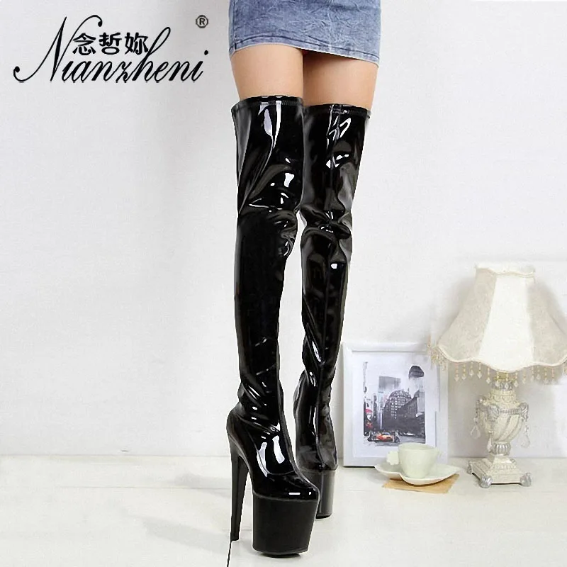 Sexy Nightclub Platform Pole Dance Shoes Show Over The Knee Women Boots 20CM High Stripper Heeled 8 Inches Fetish Models Gothic