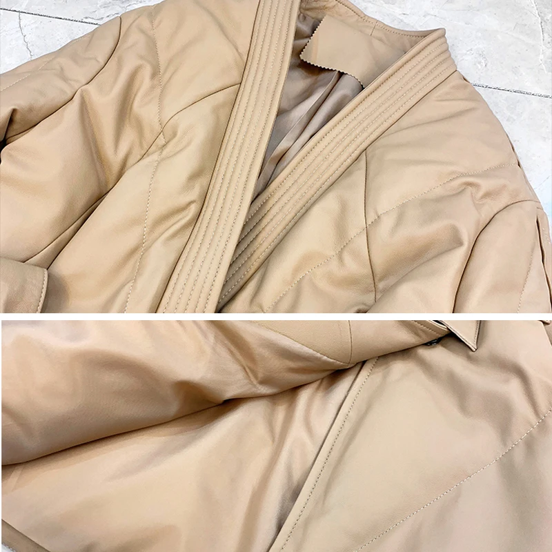 Manteau à carreaux en cuir véritable pour femme, veste en duvet de peau de mouton, pardessus à col en v avec ceinture, manteau chaud à poche mi-long, Parka épaisse