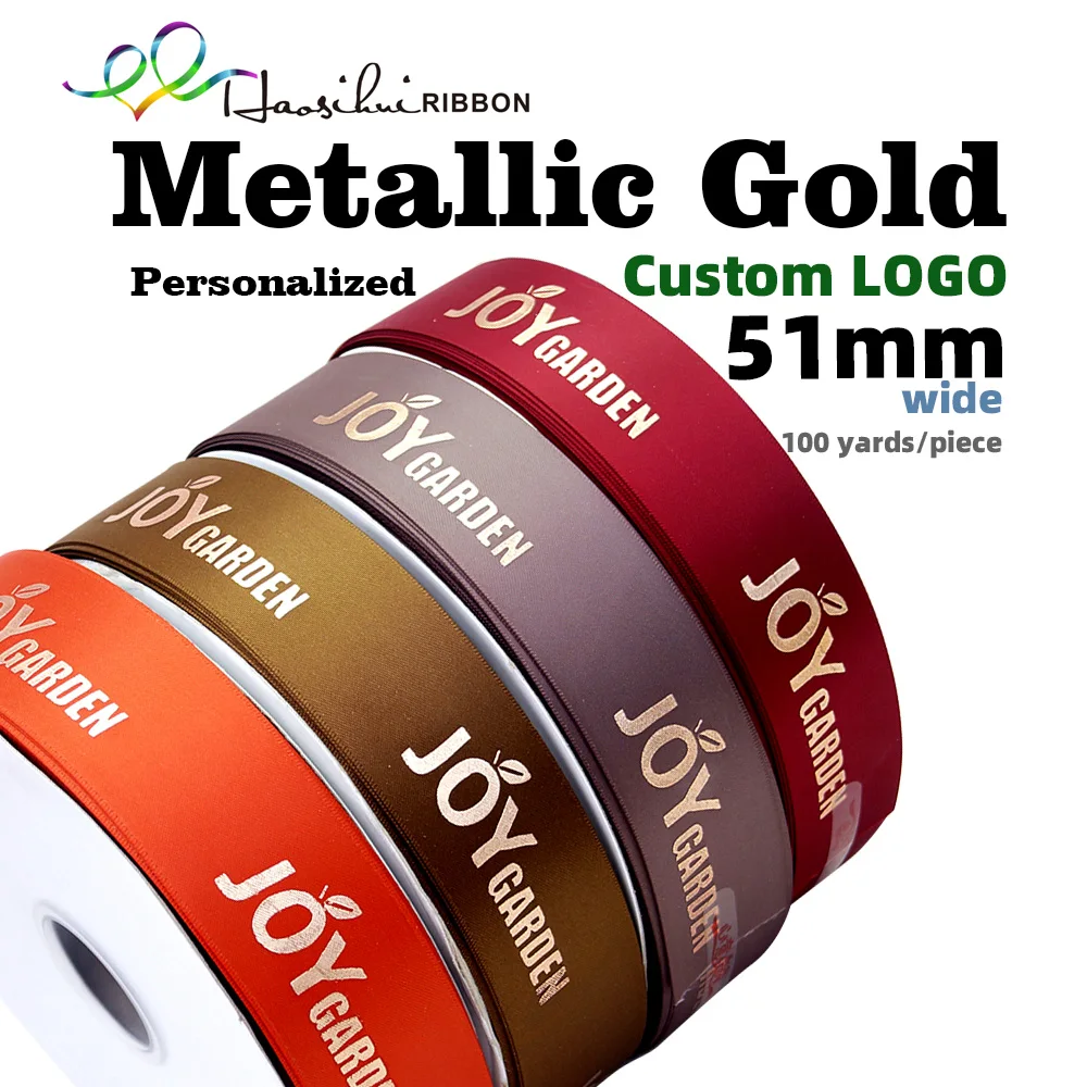 

HAOSIHUI 51mm Free Shipping Custom Satin Polyester Embossed Gold Foil Printed Ribbon with Logo 100 yard/lot