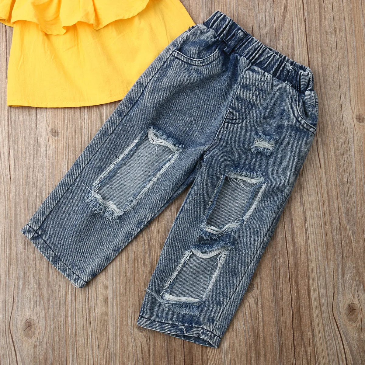 SUNSIOM Toddler Baby Girl Clothes Off Shoulder Ruffle Tops Hole Denim Jeans Pants Bowknot Headband 3Pcs Outfits Summer Clothes