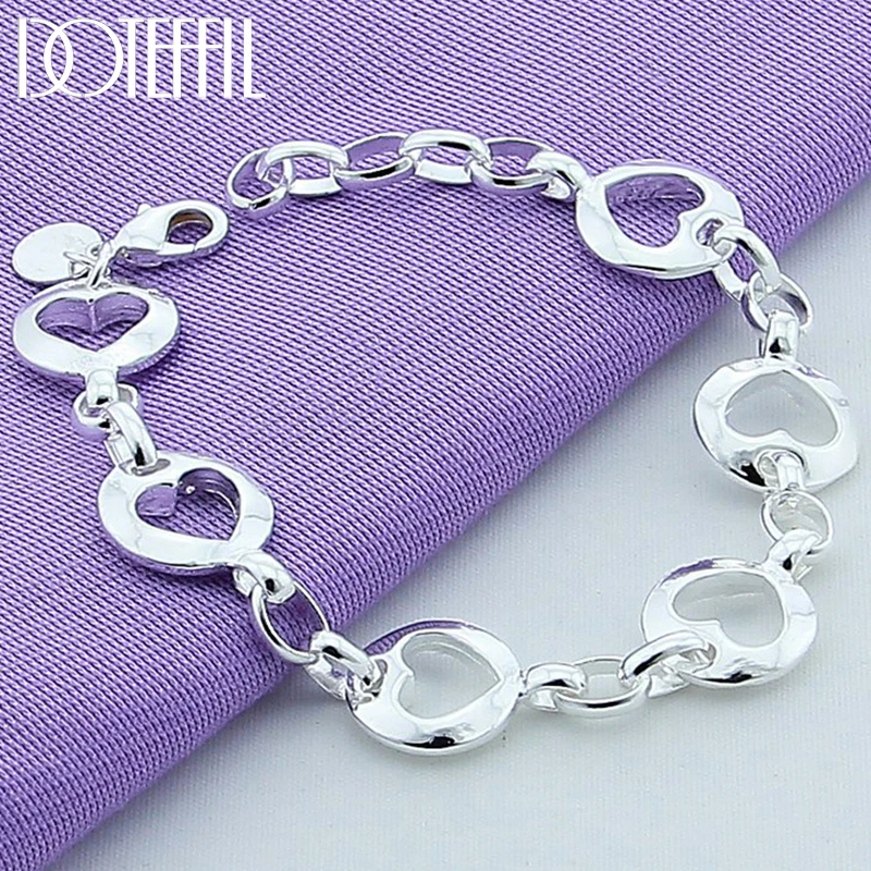 DOTEFFIL 925 Sterling Silver Full Heart Chain Bransoletka Moda dla kobiet Biżuteria zaręczynowa ślubna
