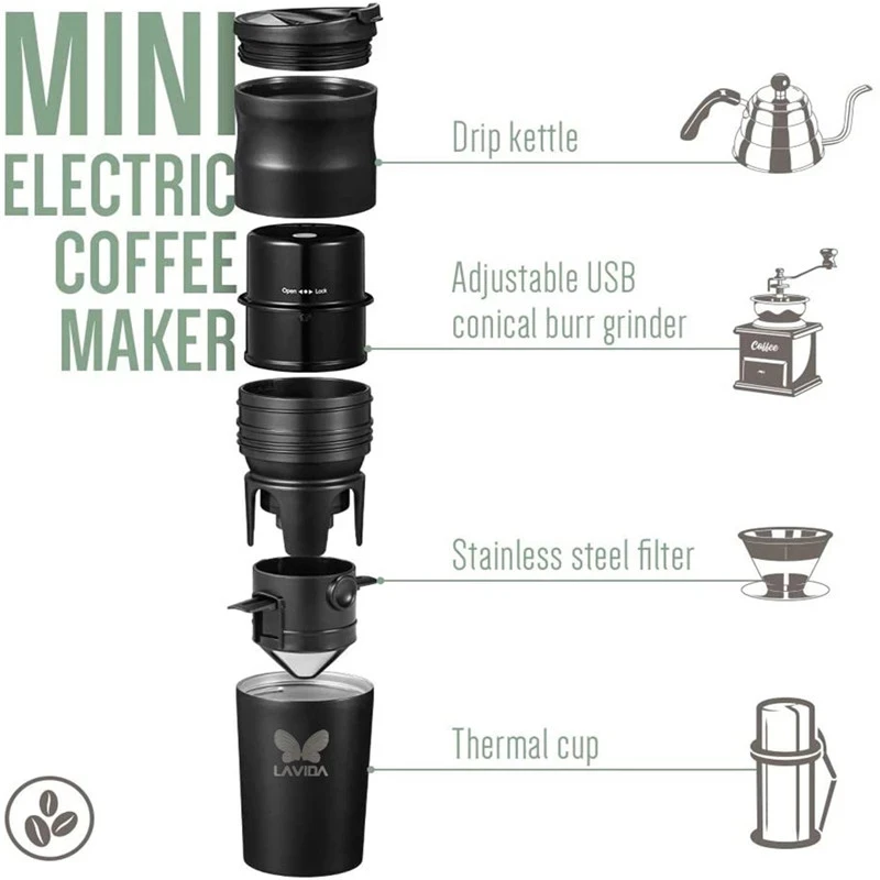 LAVIDA Portable Electric Coffee Maker Cafetera Machine Bean Grinder Ceramic Burr Stainless Steel Cup with USB Charing