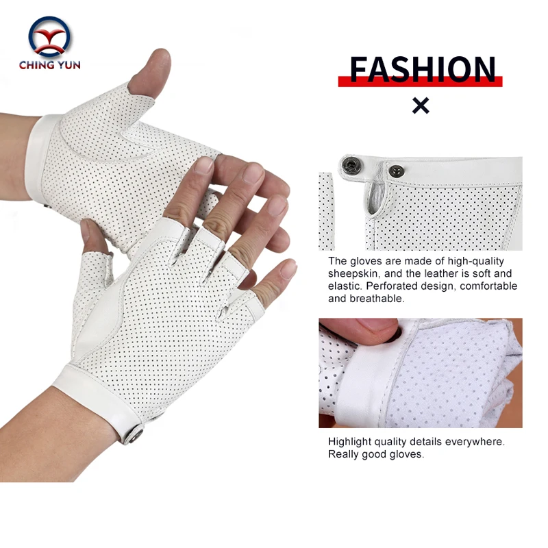 2021 Man High Quality Leather Gloves White sheepskin Fingerless Gloves Tactical Male Semi-finger Protective Ride Non-slip Mitts