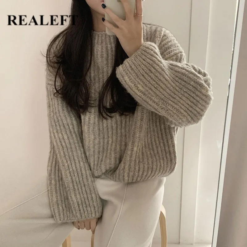 

REALEFT 2021 New Women's Sweaters Vintage Long Sleeve Round Neck Korean Style Solid Casual Loose Women's Pullovers Tops Female