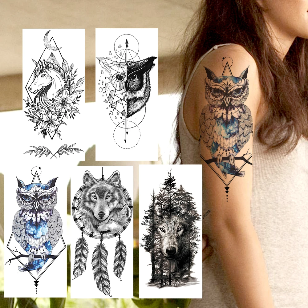 Tatouages Temporaires Géométriques pour Adultes, Faux Attrape-Rêve, Autocollant, 3D, Imperméable, Forêt Noire, Fleur, Théâtre, Loup, Nairobi, Orn