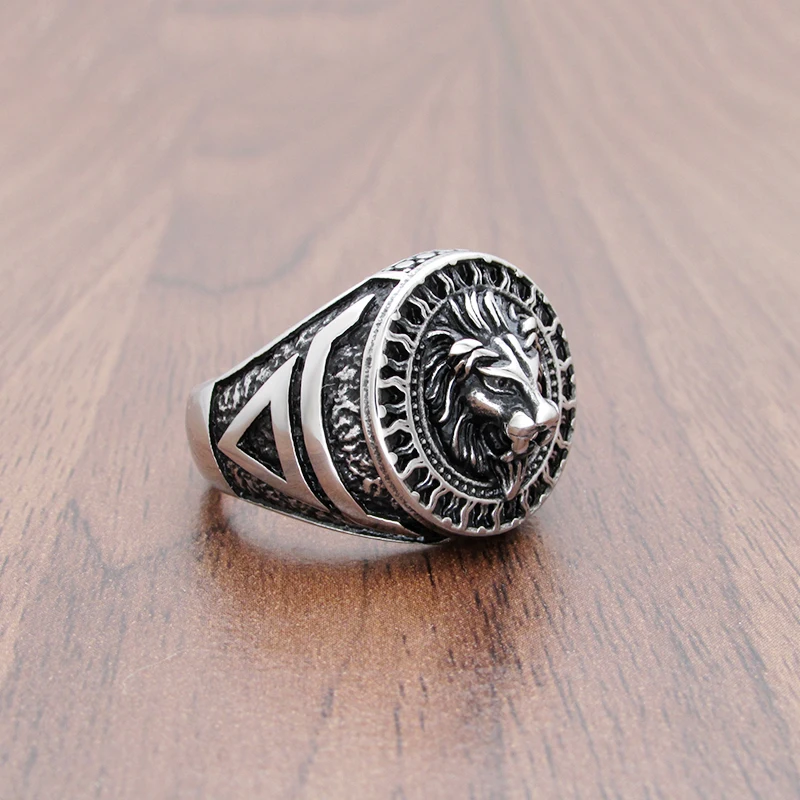 316L Stainless Steel Sun Veles Lion Head Ring Viking Rune Talisman Slavic Kolovrat Scandinavian Amulet Jewelry