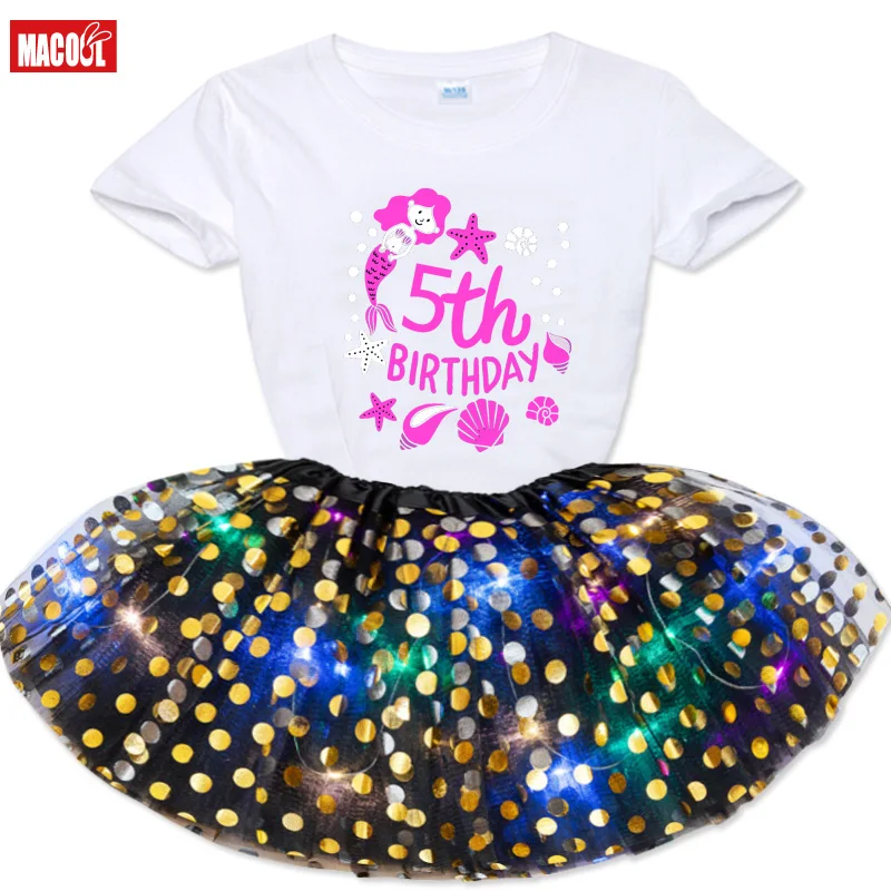 

Custom Luminous Skirt Suit Summer Kids Girls Custom Printing short T-shirt +Glow Sequins Skirts Dress Outfit Clothes T shirt Set