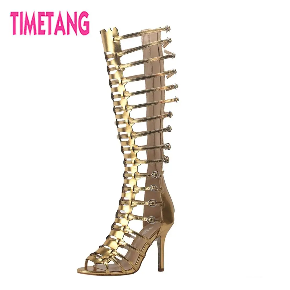 TIMETANG New Design Rome Buckle Narrow Bands Open Toe High Heel Sexy Gladiator Sandal Boots Women Knee High Shoes Free Shipping