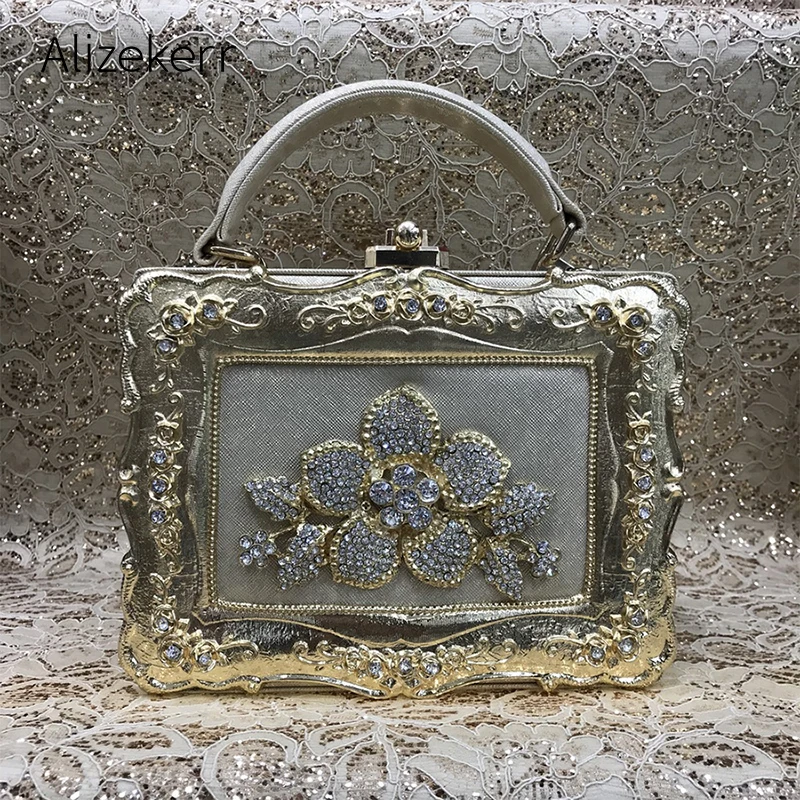 Crystal Diamond Box Evening Clutch Bag Women Luxury Embroidery Flowered Printing Dinner Purse Shoulder Bag Ladies Wedding Party