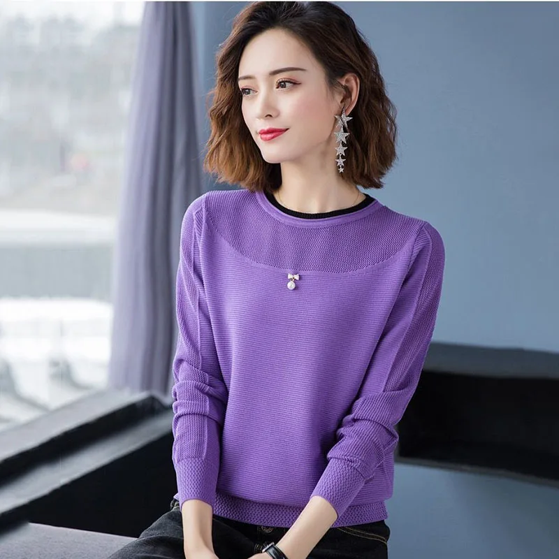 

Spring Autumn Women's Clothing New Sweater Splicing Beading Loose External Wear All-match Long Sleeve Women's Base Sweater