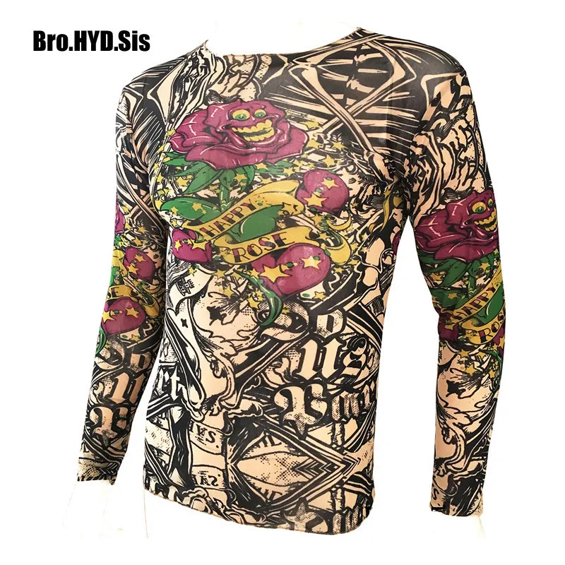 Funny Long Sleeve Fake Tattoo T Shirts All Over Print Men Women Arts Shirt Elastic Slim Fit Modal Thin Halloween Clothes