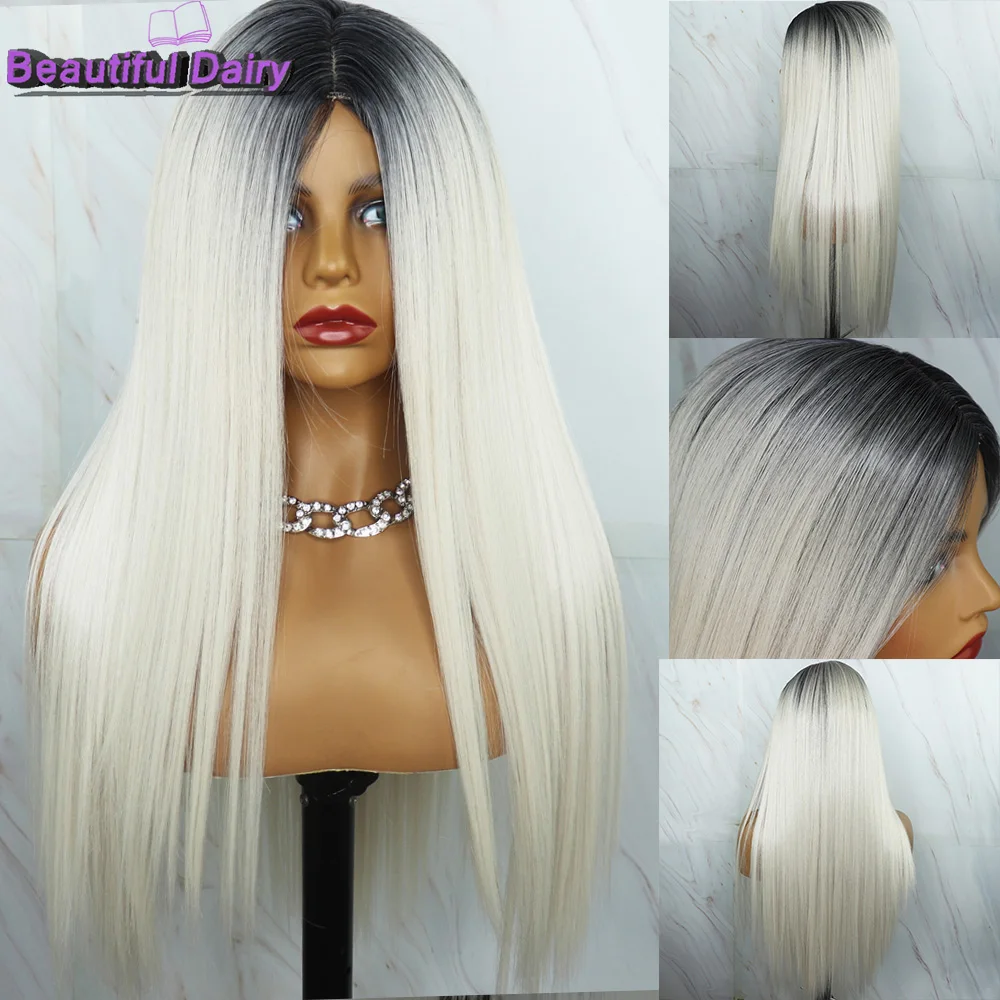 

Beautiful Diary Silky Straight Blonde Wigs Ombre Synthetic Hair Wigs For Black Women Gluesless Synthetic Wigs Ombre Grey Wig