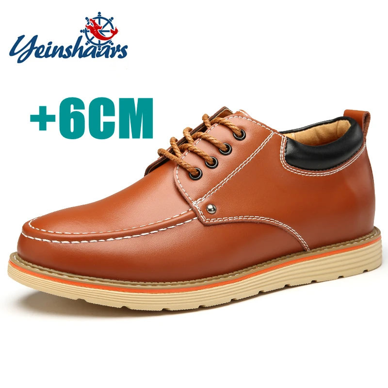 Sapatos de couro de vaca para homens, salto escondido, 6cm, elevador, grão cheio, renda, casual, vestido formal, marrom