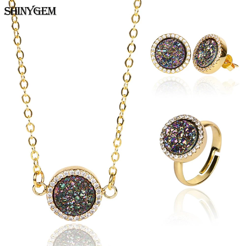 ShinyGem Trendy Natural Crystal Druzy Stone Jewelry Sets For Women Wedding Party Gold Plating Necklace/Ring/Earrings