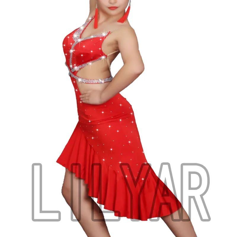 New Latin Dance Dress Competition Dress Costumes Skirt Performing Dress Sparkly Rhinestones Adult Customize Children