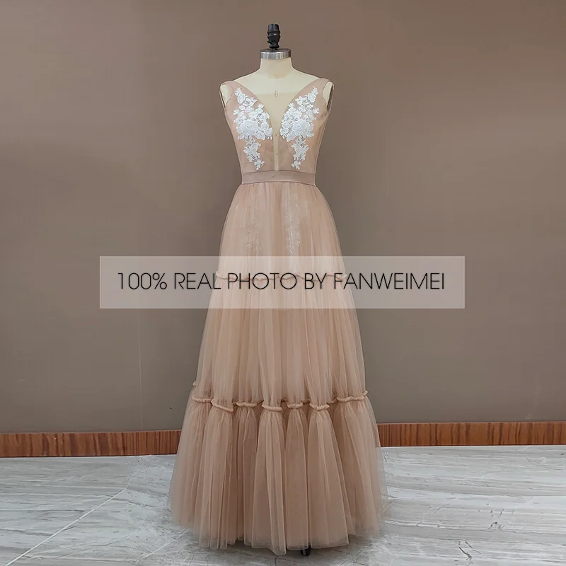 1333#Boho Deep Sexy V Neck Sleeveless Backless Bridal Beach Tulle Lace Floor Length A-Line Champagne Wedding Dress Bridal Gown