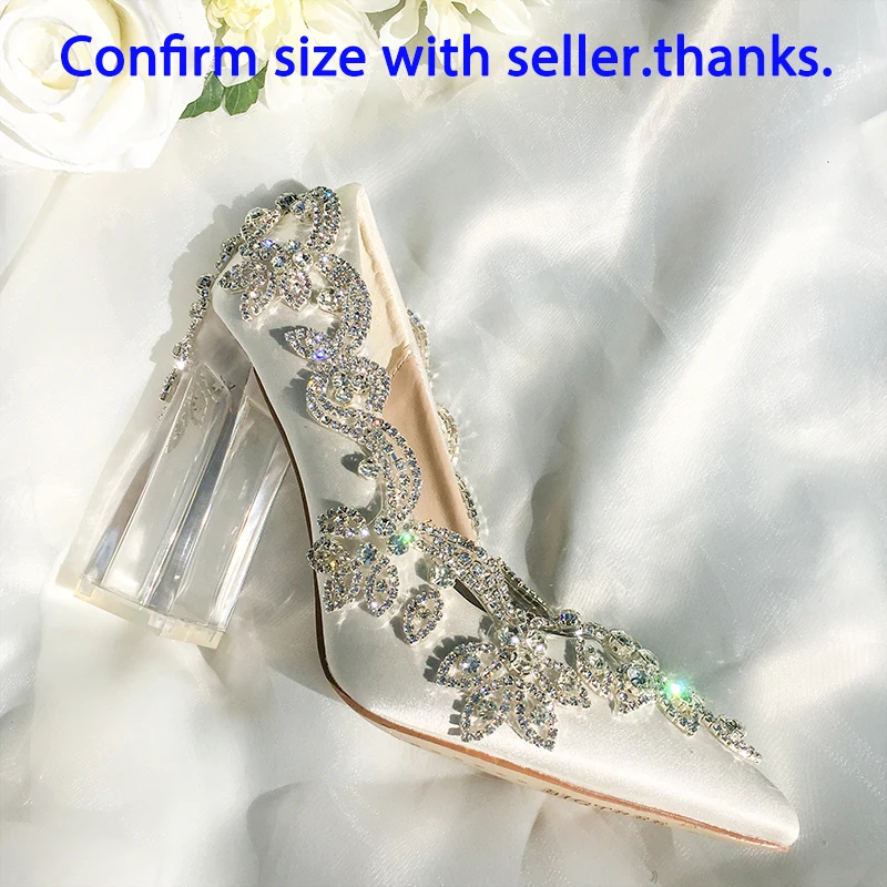 Wedding Shoes Bride Clear Heels Crystal Pumps Christmas Day Evening Party Luxury Queen Satin Silk 10cm Square Heel Plus Size 10