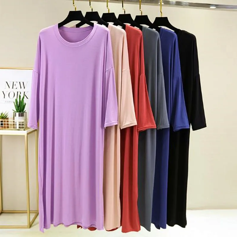 Big Size Nightgown Women Model O-neck 3/4 Sleeve Nightdress Long Dress Multi Colors Loose Night Wear Female Sleepwear Nightshirt