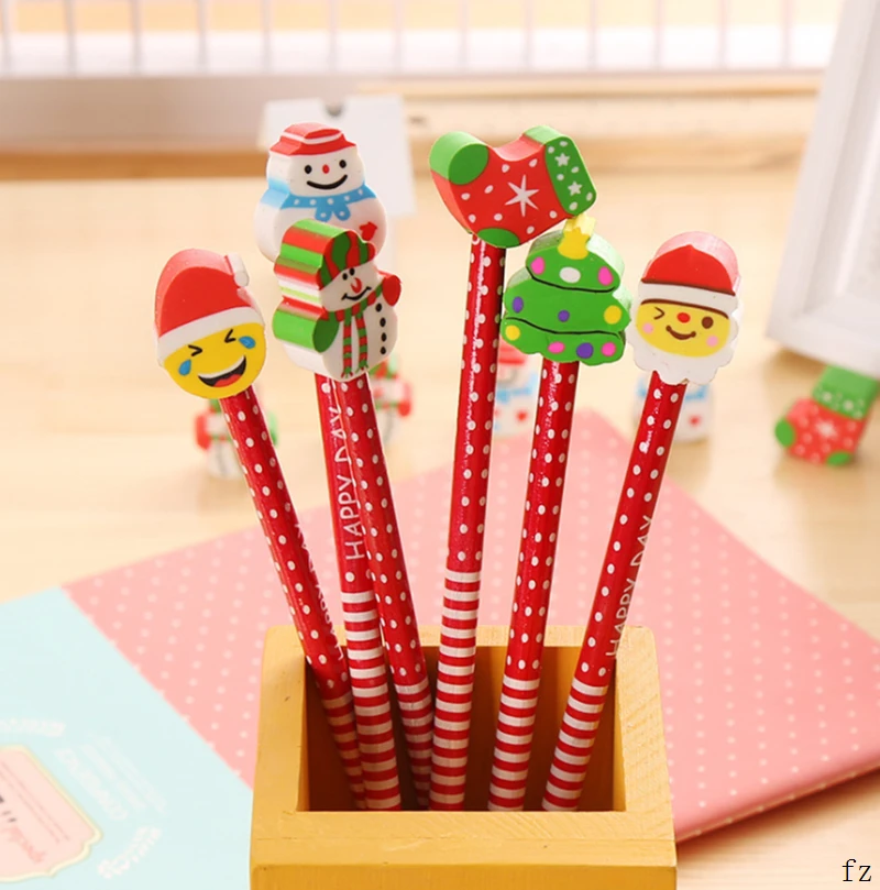 400 Pcs Wooden Pencil Rubber Merry Christmas Gift for Kids Santa Tree Deer Pencils Office School Supplies