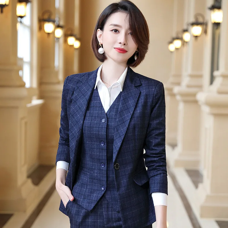 IZICFLY Autumn Spring Professional Plaid Uniform Business Suits with Trouser Slim Office Blazer Set For Women Work Wear-1 Piece