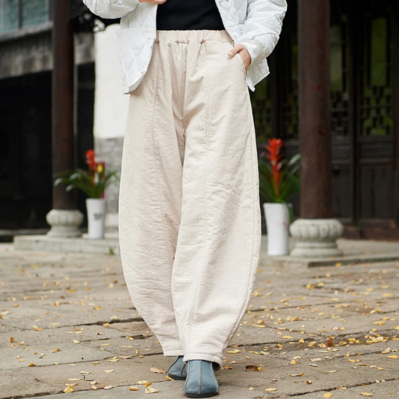 

LZJN-Cotton Linen Harem Pants for Women, Casual Loose Pants, Elastic Waist, Monochromatic, Thick,Warm,New,Original,Autumn,Winter