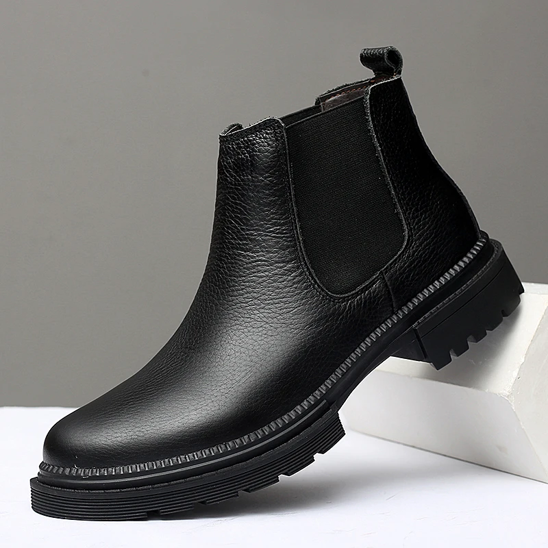 Winter Genuine Leather Ankle Chelsea Boots Men Boot Botines Hombre Black Brown