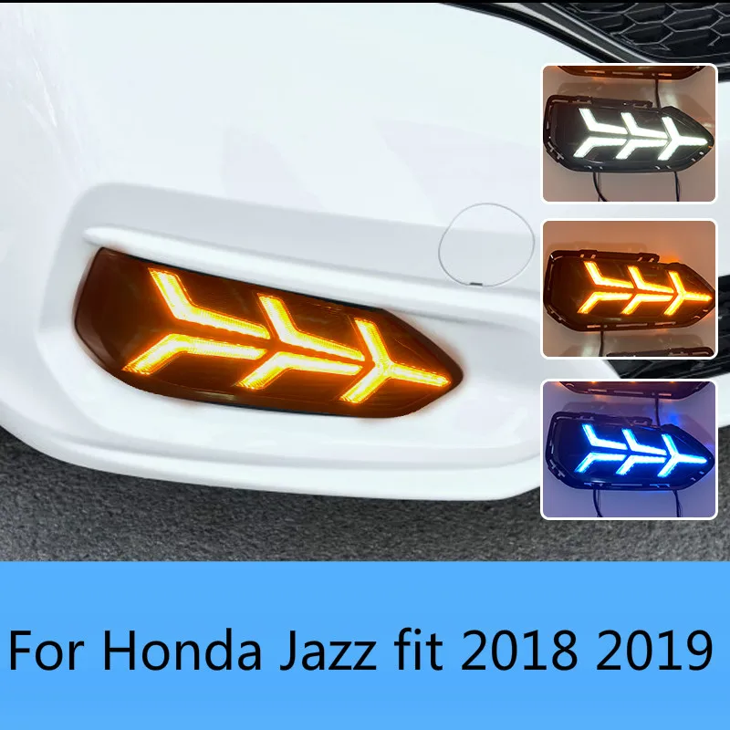 2pcs LED Daytime Running Lights DRL Fog lamp cover with Yellow turning signal lights For Honda Jazz fit 2018 2019